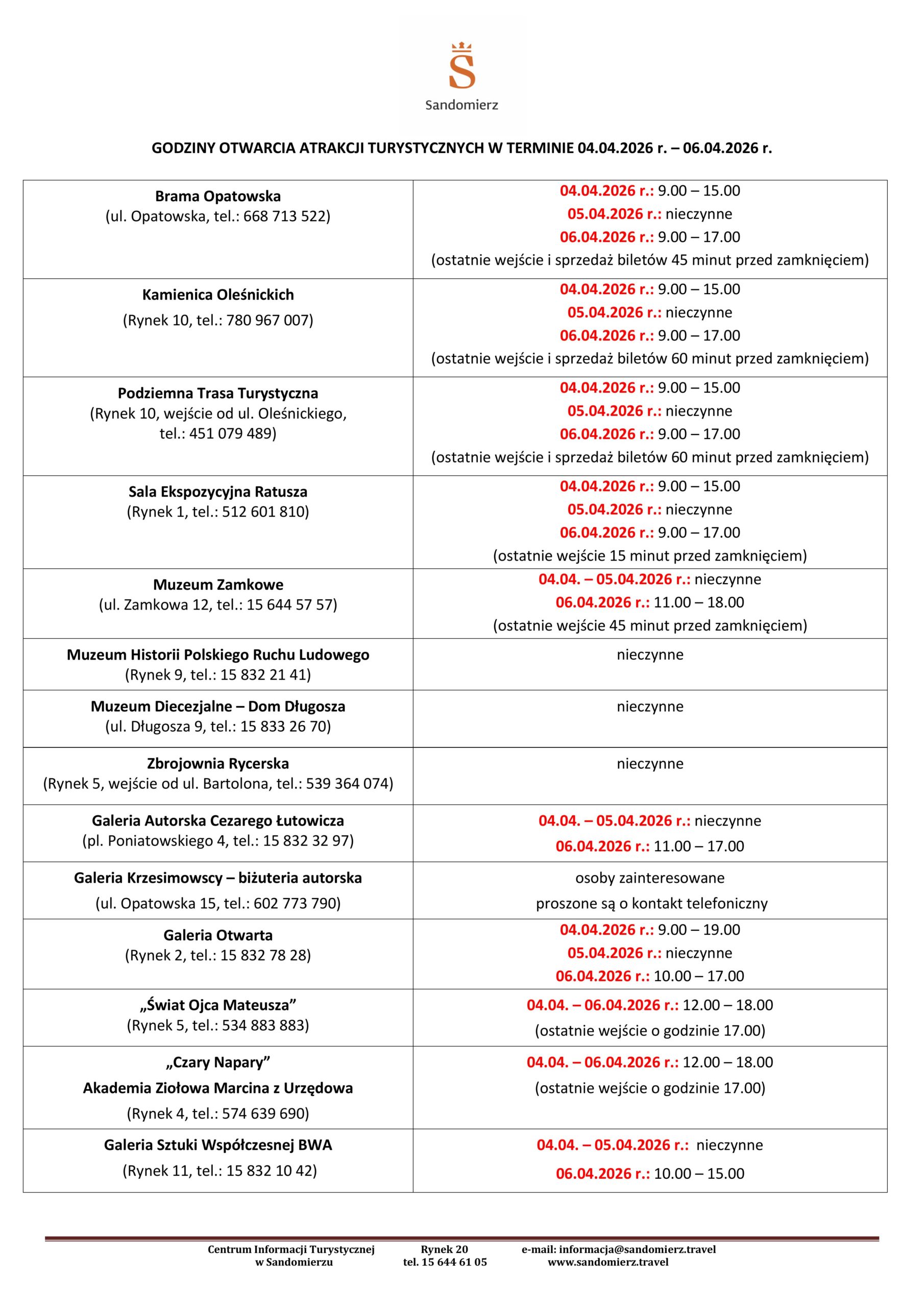 plik z godzinami otwarcia atrakcji turystycznych